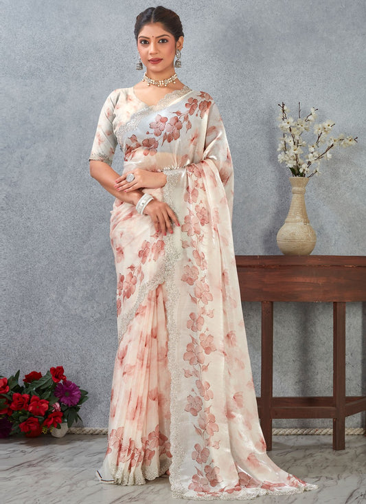 Peach Satin Trendy Saree Digital Print S20256