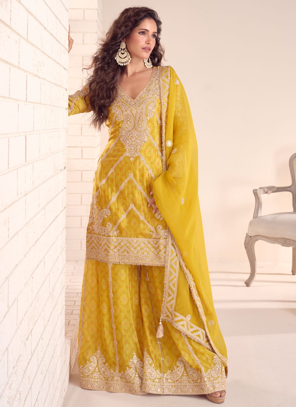 Palazzo Suit Digital Print, Embroidered, Sequins, Zari Yellow T8134