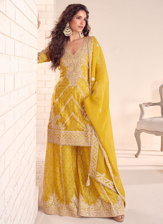 Palazzo Suit Digital Print, Embroidered, Sequins, Zari Yellow T8134