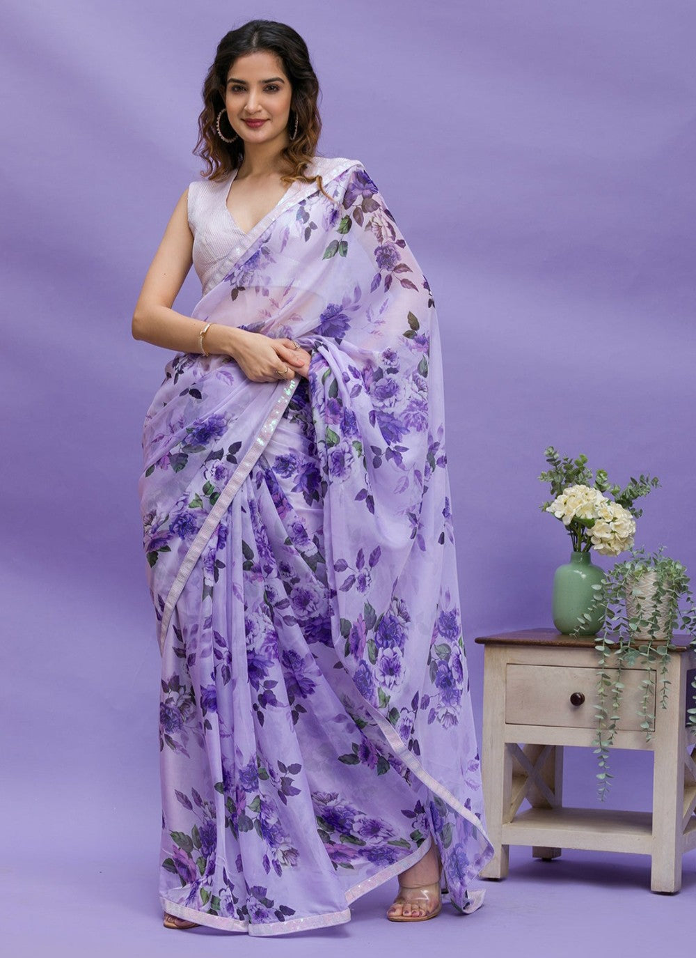 Classic Digital Print Chinon Saree - S3794