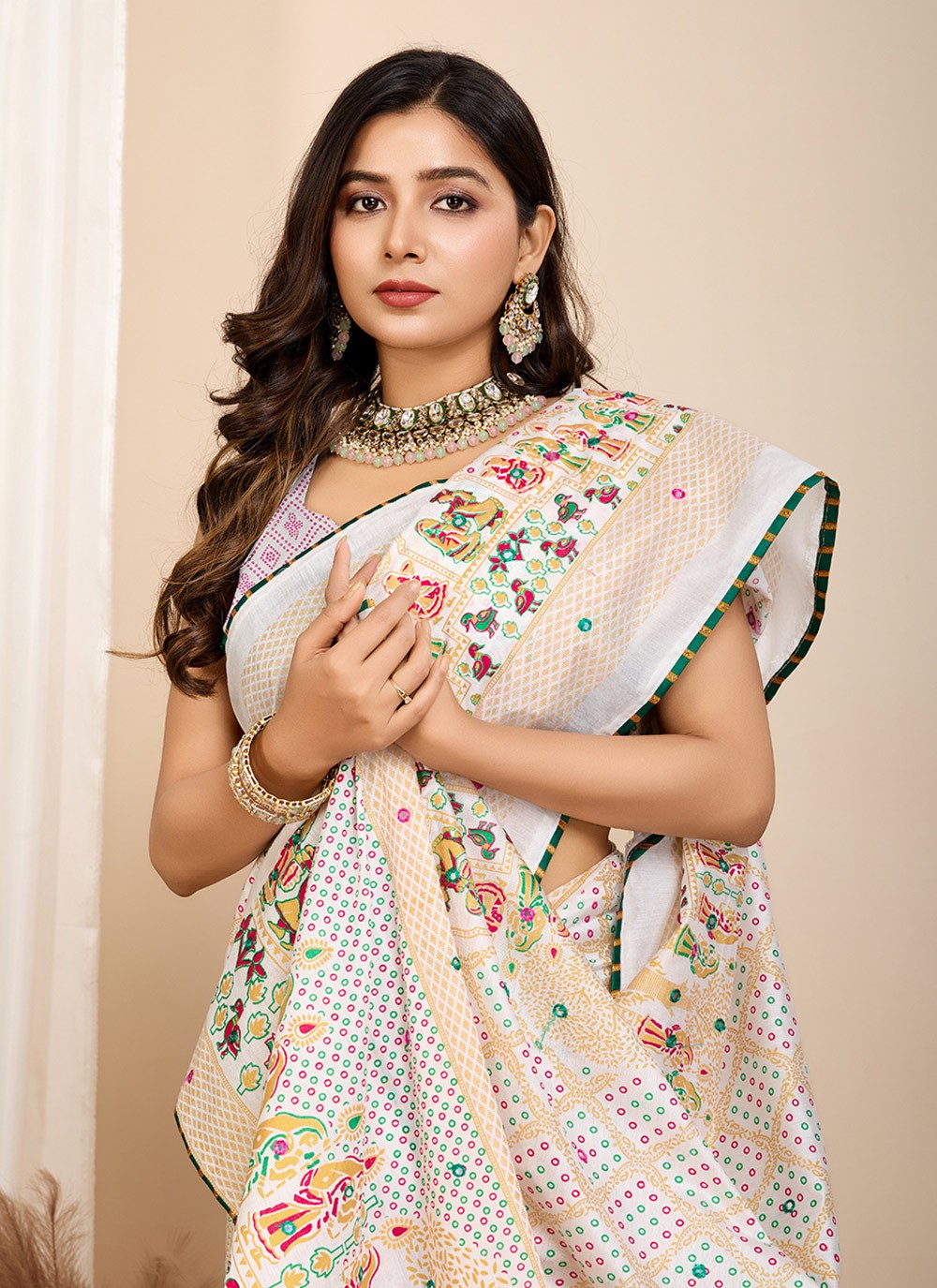 Contemporary Digital Print Off White Cotton Saree S13537