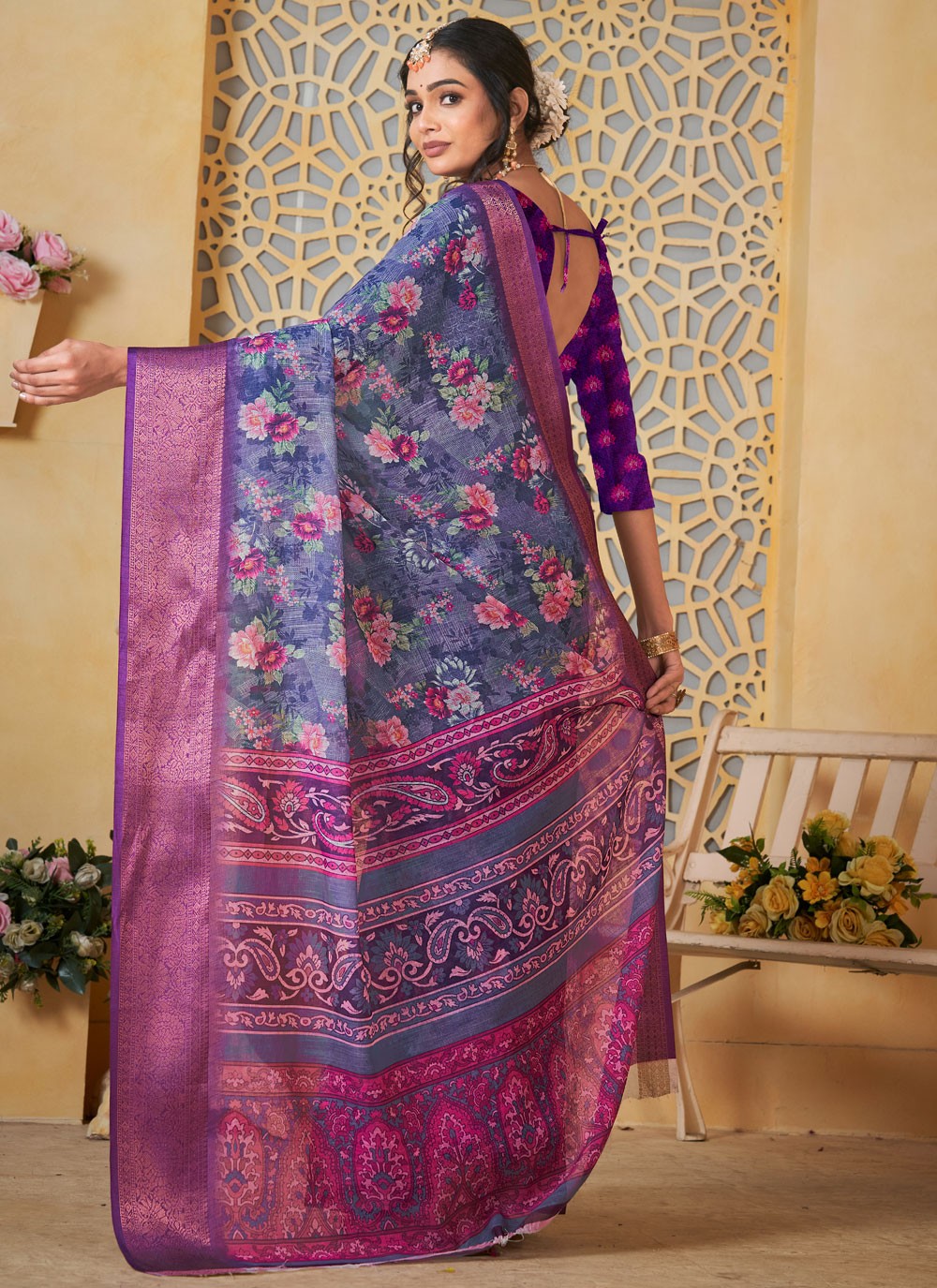 Digital Print Linen Navy Blue Saree S14710