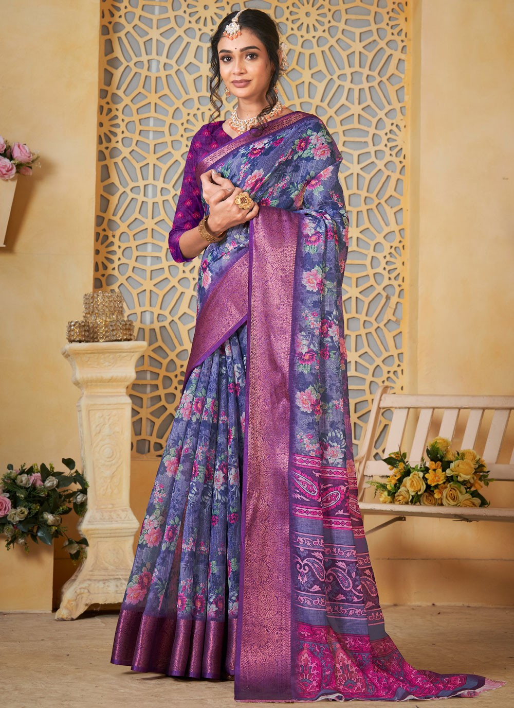 Digital Print Linen Navy Blue Saree S14710