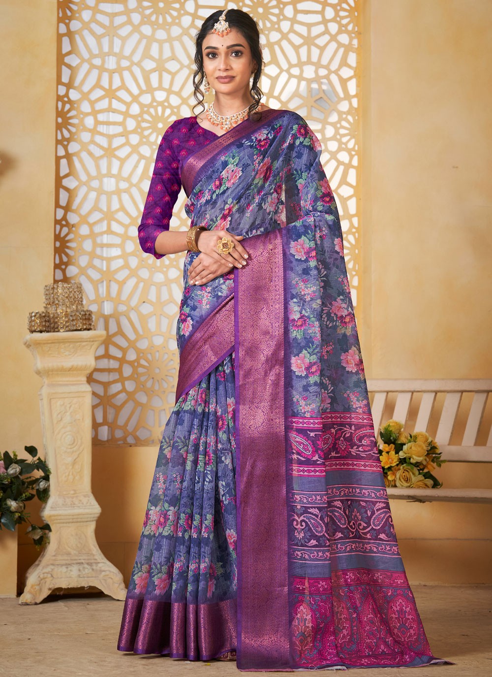 Digital Print Linen Navy Blue Saree S14710