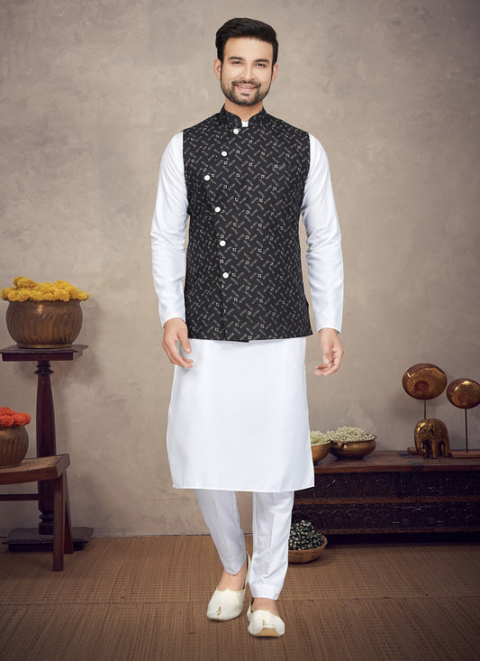Digital Print Cotton Black, White Kurta Payjama With Jacket - M5835