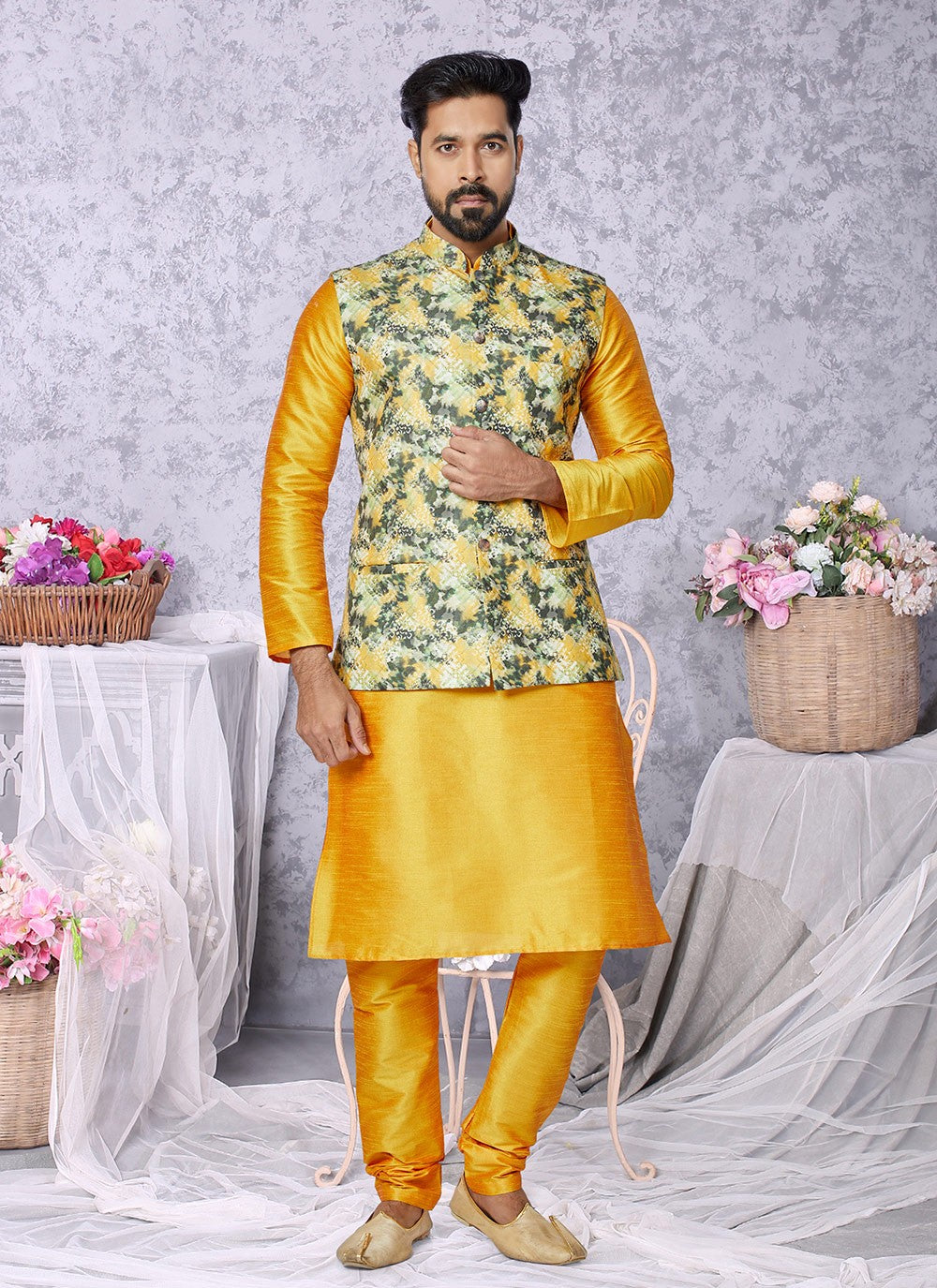 Digital Print Cotton , Dupion Silk Multi Colour, Mustard Kurta Payjama With Jacket - M5527