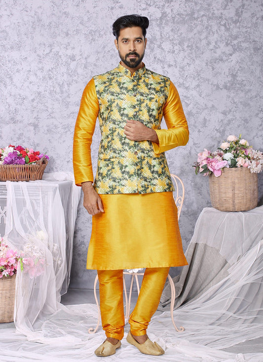 Digital Print Cotton , Dupion Silk Multi Colour, Mustard Kurta Payjama With Jacket - M5527