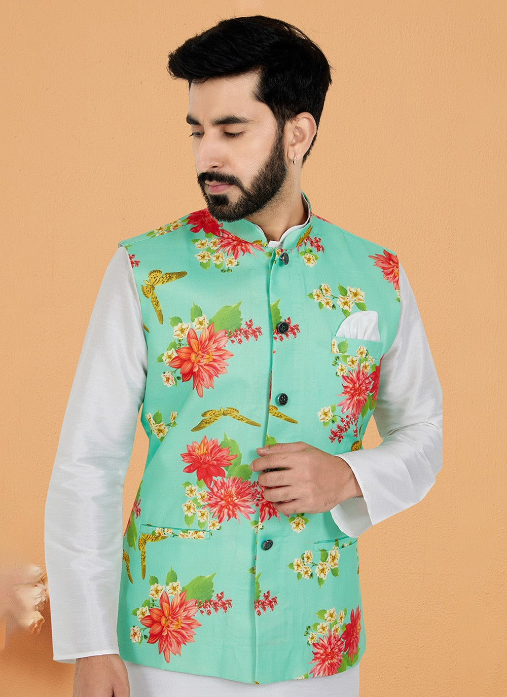 Digital Print Cotton Green Nehru Jackets - M7394