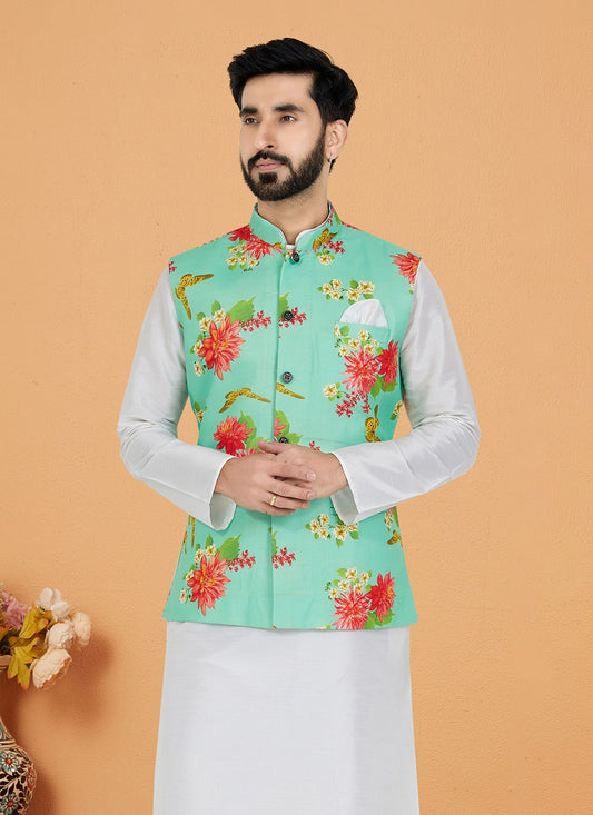 Digital Print Cotton Green Nehru Jackets - M7394