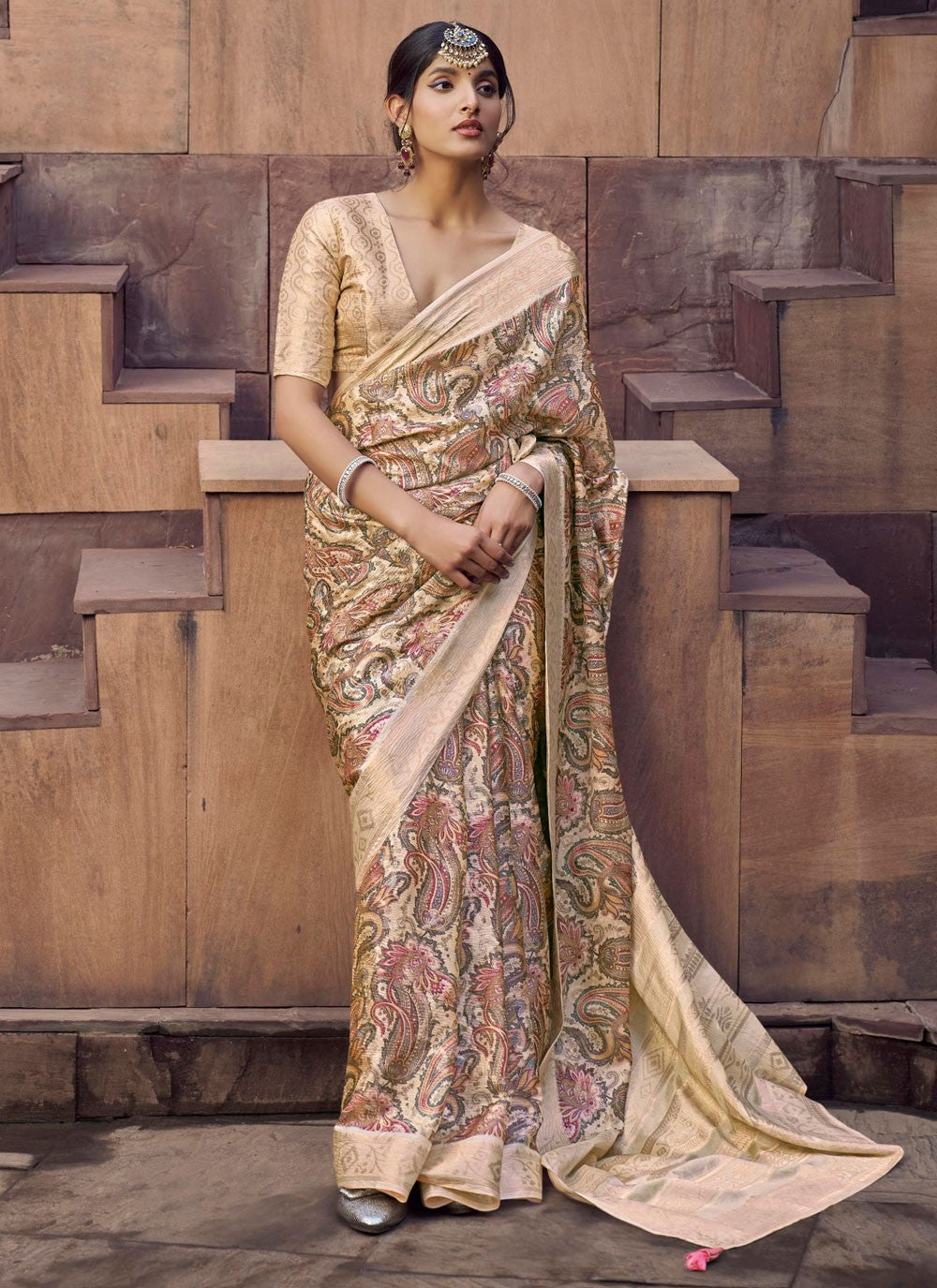 Cream Jacquard Contemporary Saree Digital Print S20347