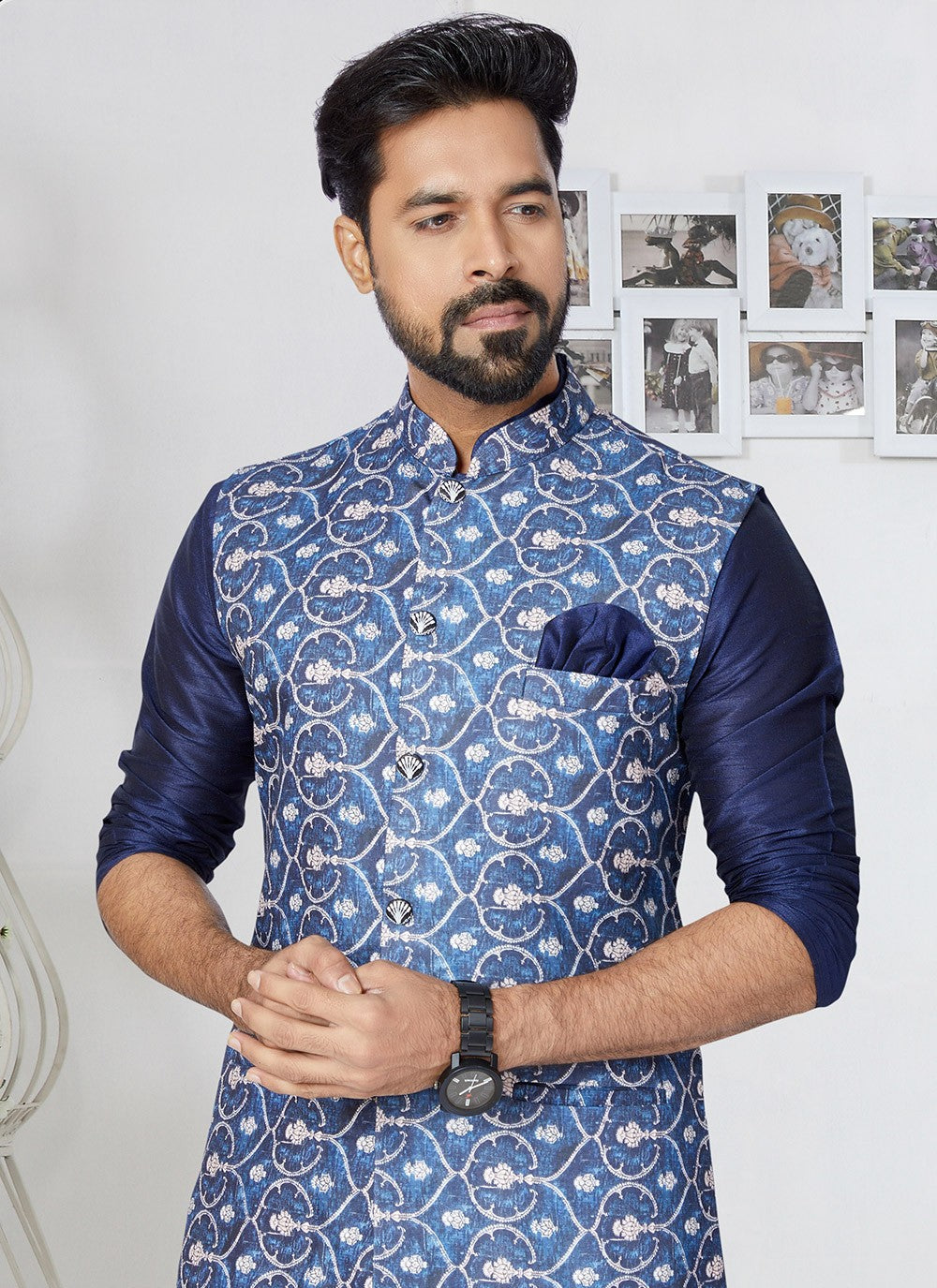 Digital Print Cotton , Dupion Silk Blue, Navy Blue Kurta Payjama With Jacket - M5530