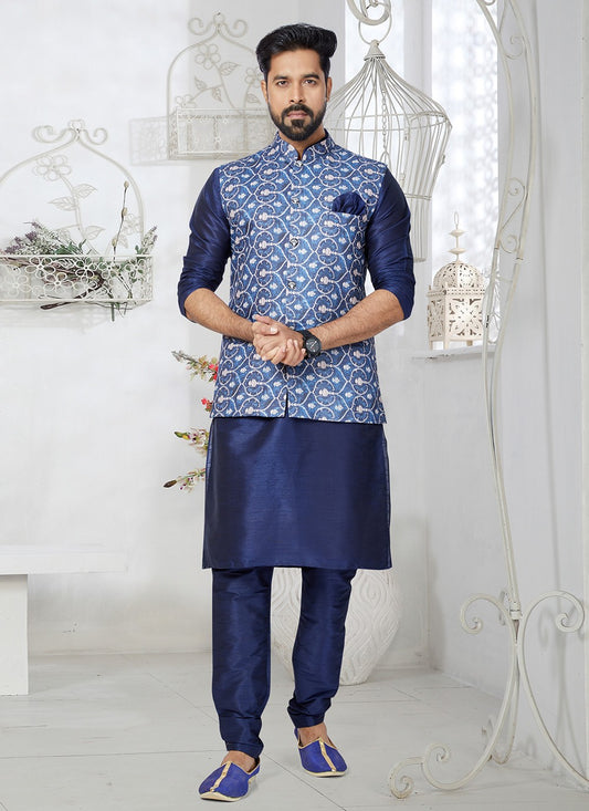 Digital Print Cotton , Dupion Silk Blue, Navy Blue Kurta Payjama With Jacket - M5530