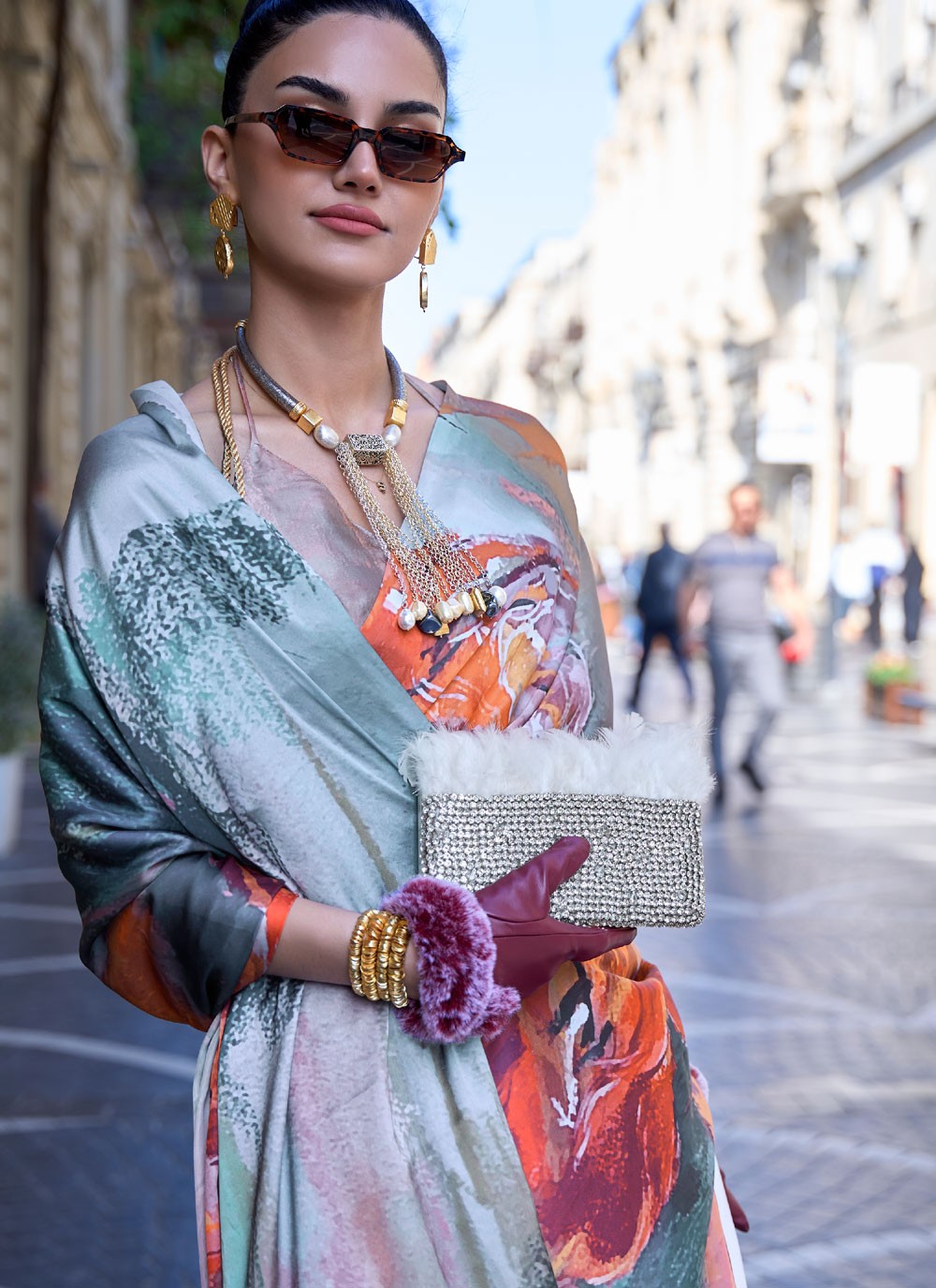 Classic Digital Print Faux Crepe, Satin Saree - S4169