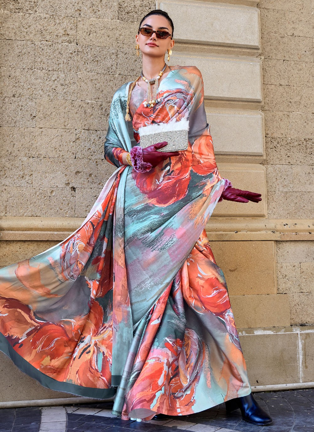 Classic Digital Print Faux Crepe, Satin Saree - S4169