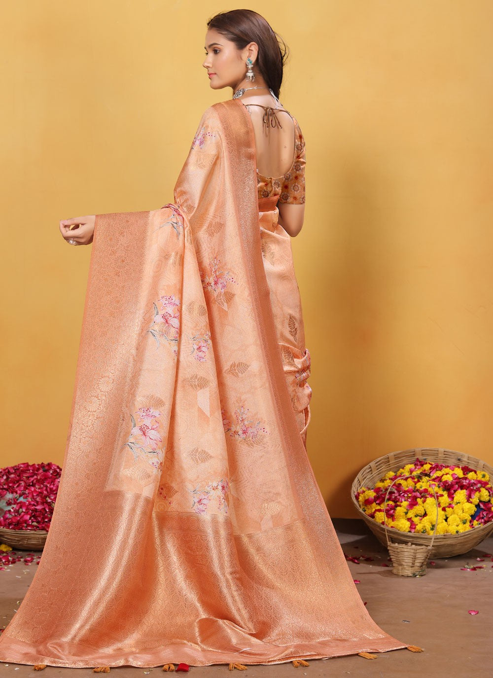 Digital Print Silk Peach Classic Saree S15520