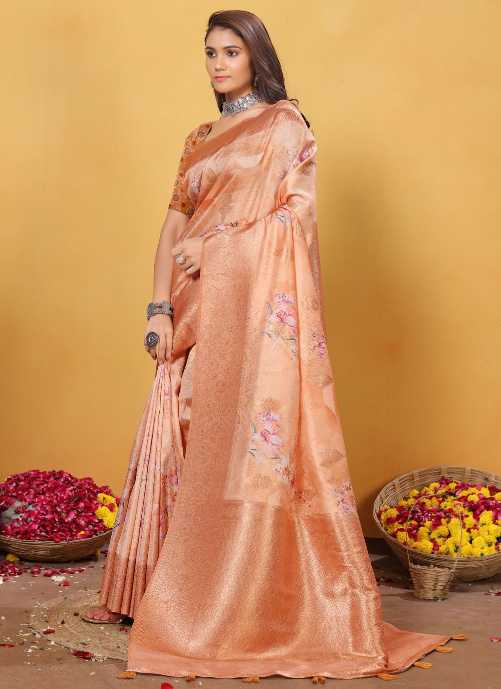 Digital Print Silk Peach Classic Saree S15520