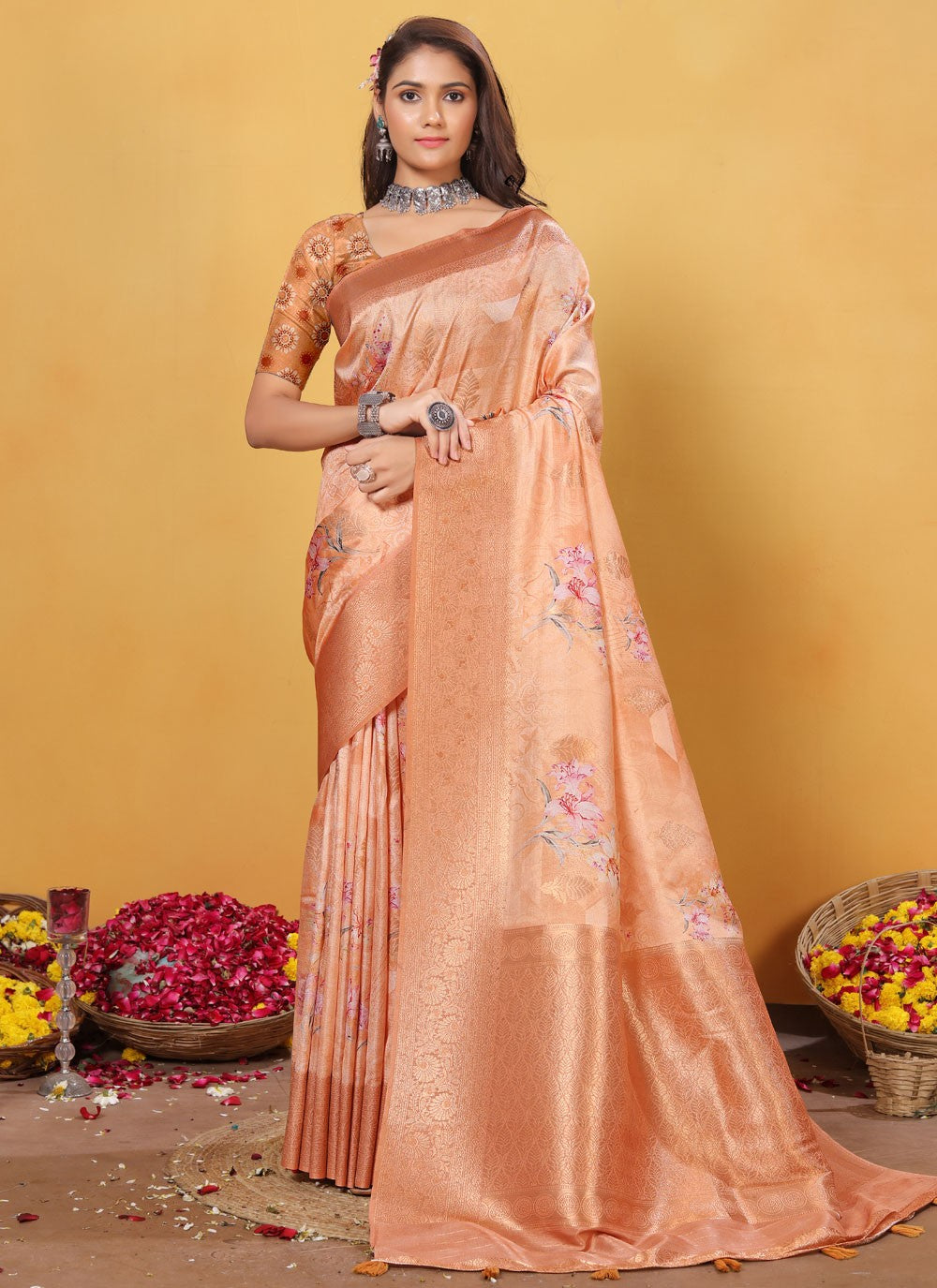 Digital Print Silk Peach Classic Saree S15520