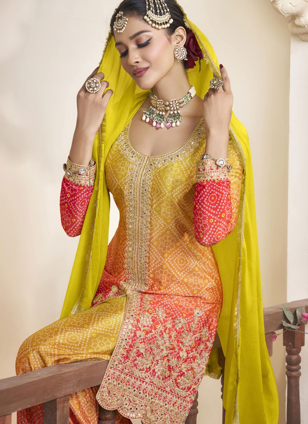 Salwar Suit Digital Print Green, Orange Chinon T5419