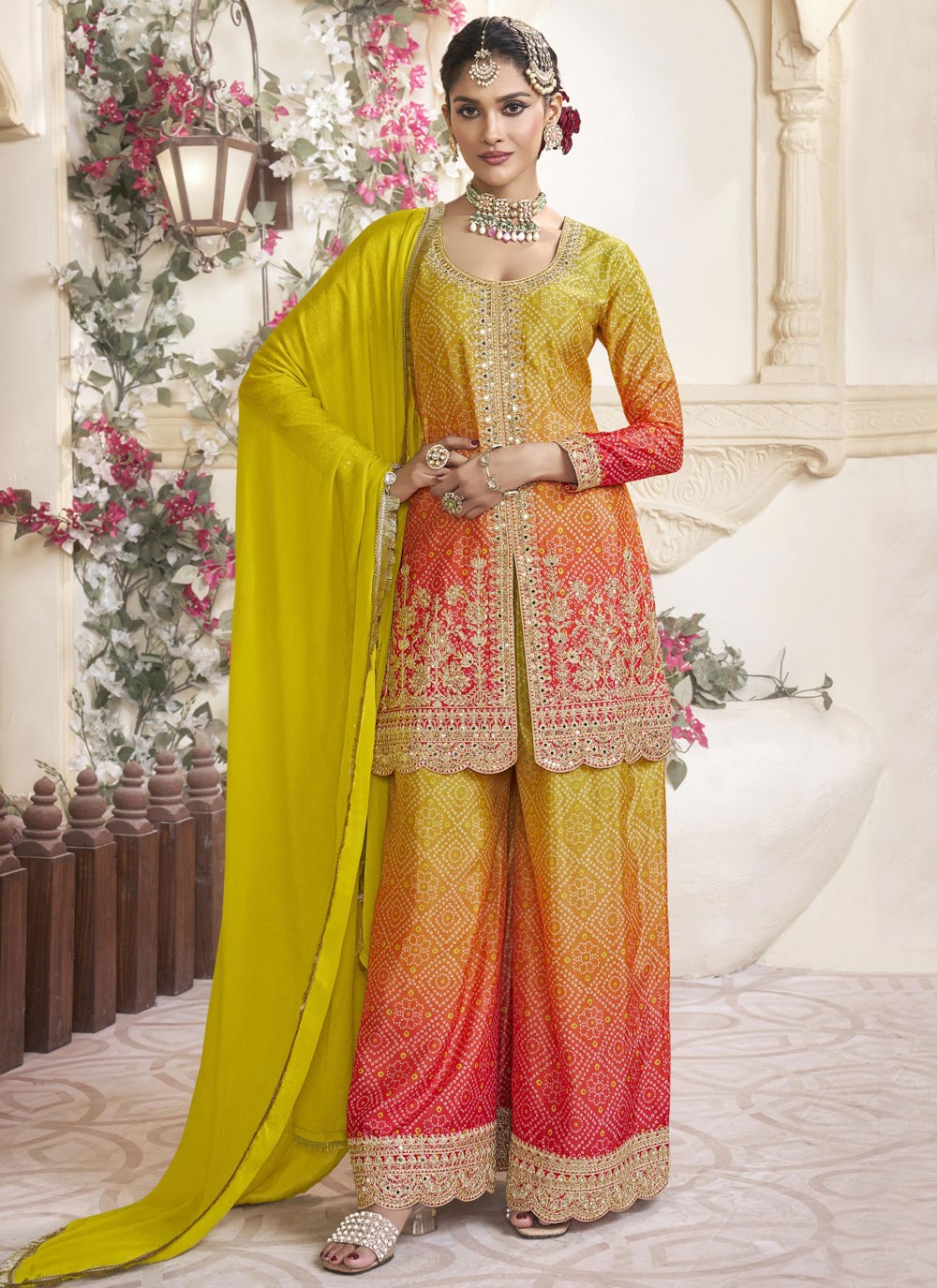 Salwar Suit Digital Print Green, Orange Chinon T5419