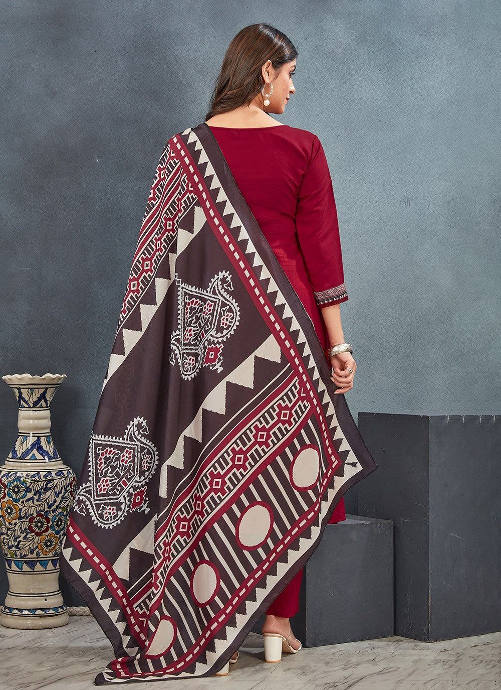 Pant Style Suit Digital Print Red Silk T5007