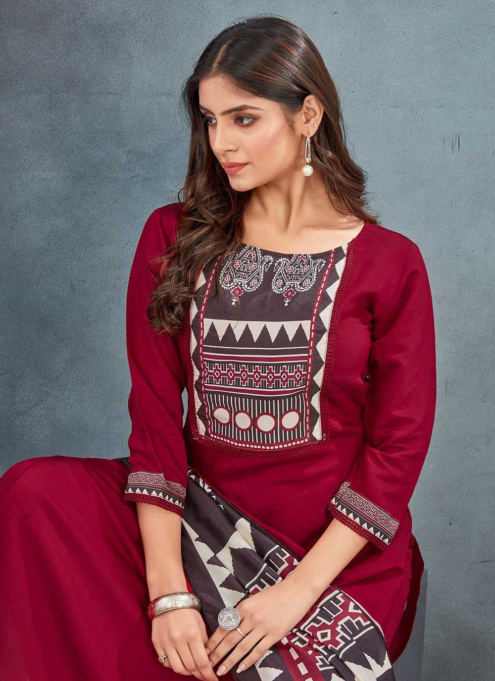 Pant Style Suit Digital Print Red Silk T5007