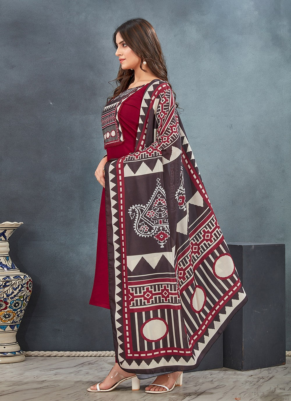 Pant Style Suit Digital Print Red Silk T5007