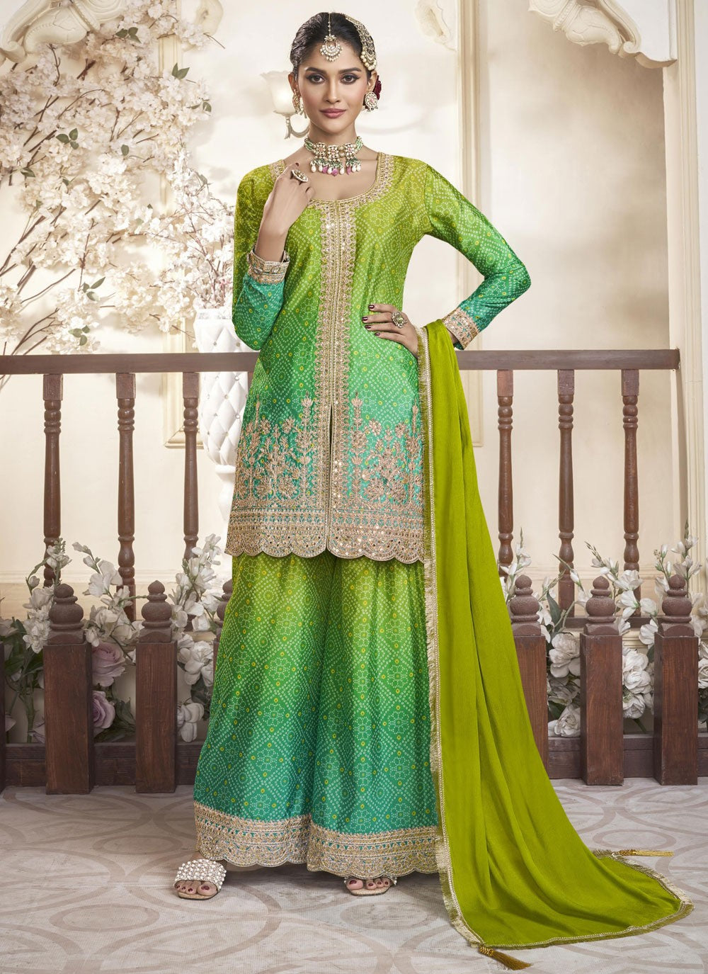 Salwar Suit Digital Print Green, Turquoise Chinon T5420