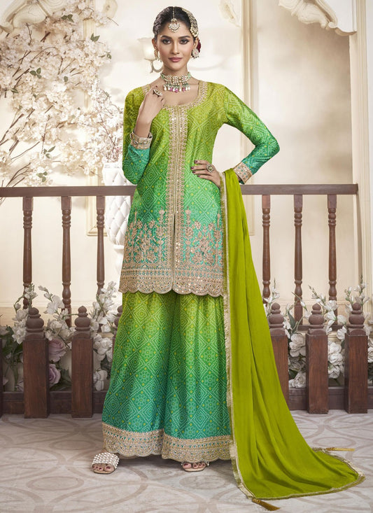 Salwar Suit Digital Print Green, Turquoise Chinon T5420