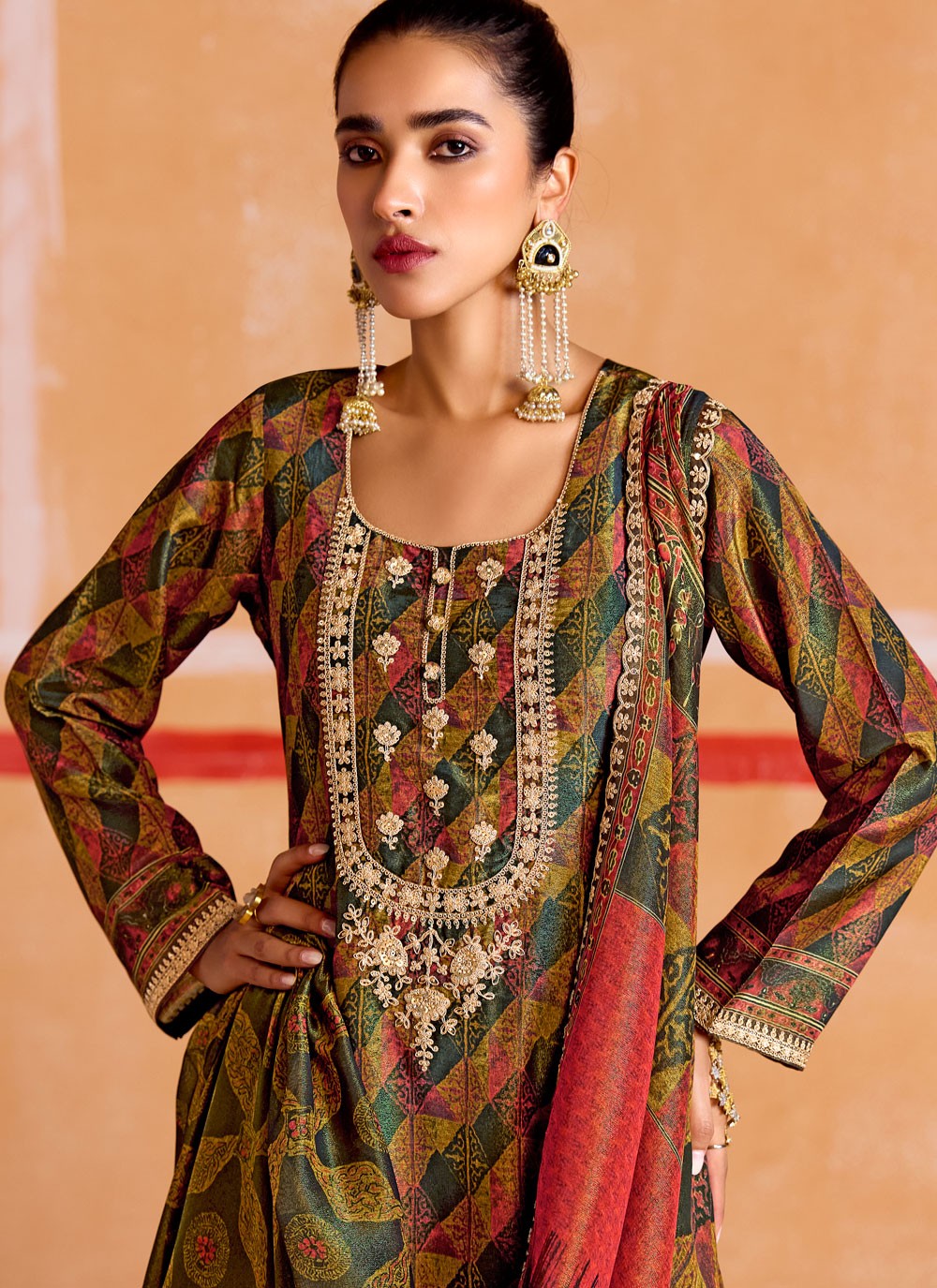Salwar Suit Digital Print Green Muslin T5172