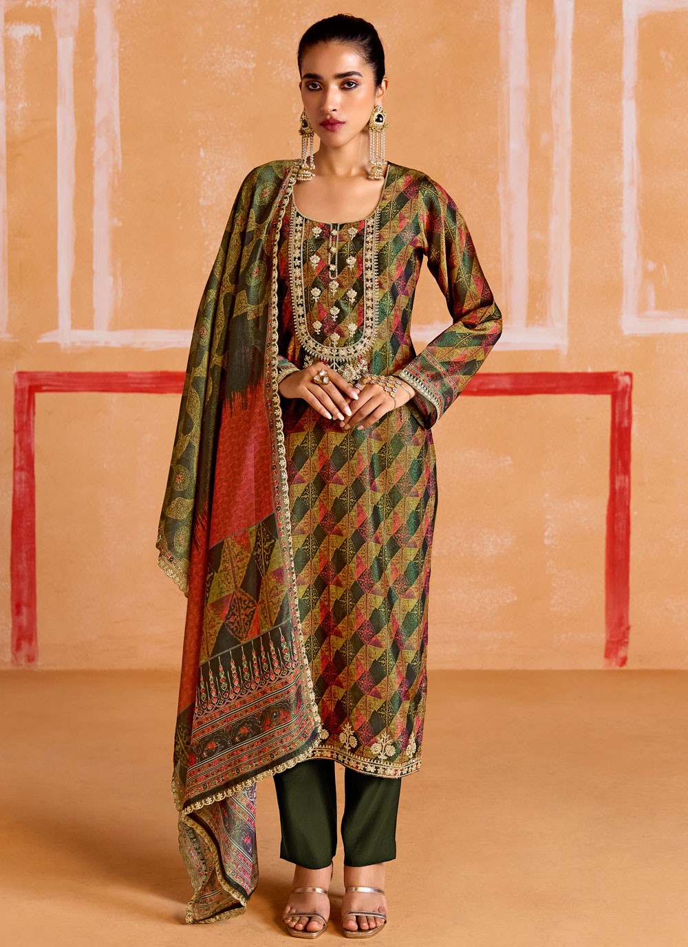 Salwar Suit Digital Print Green Muslin T5172