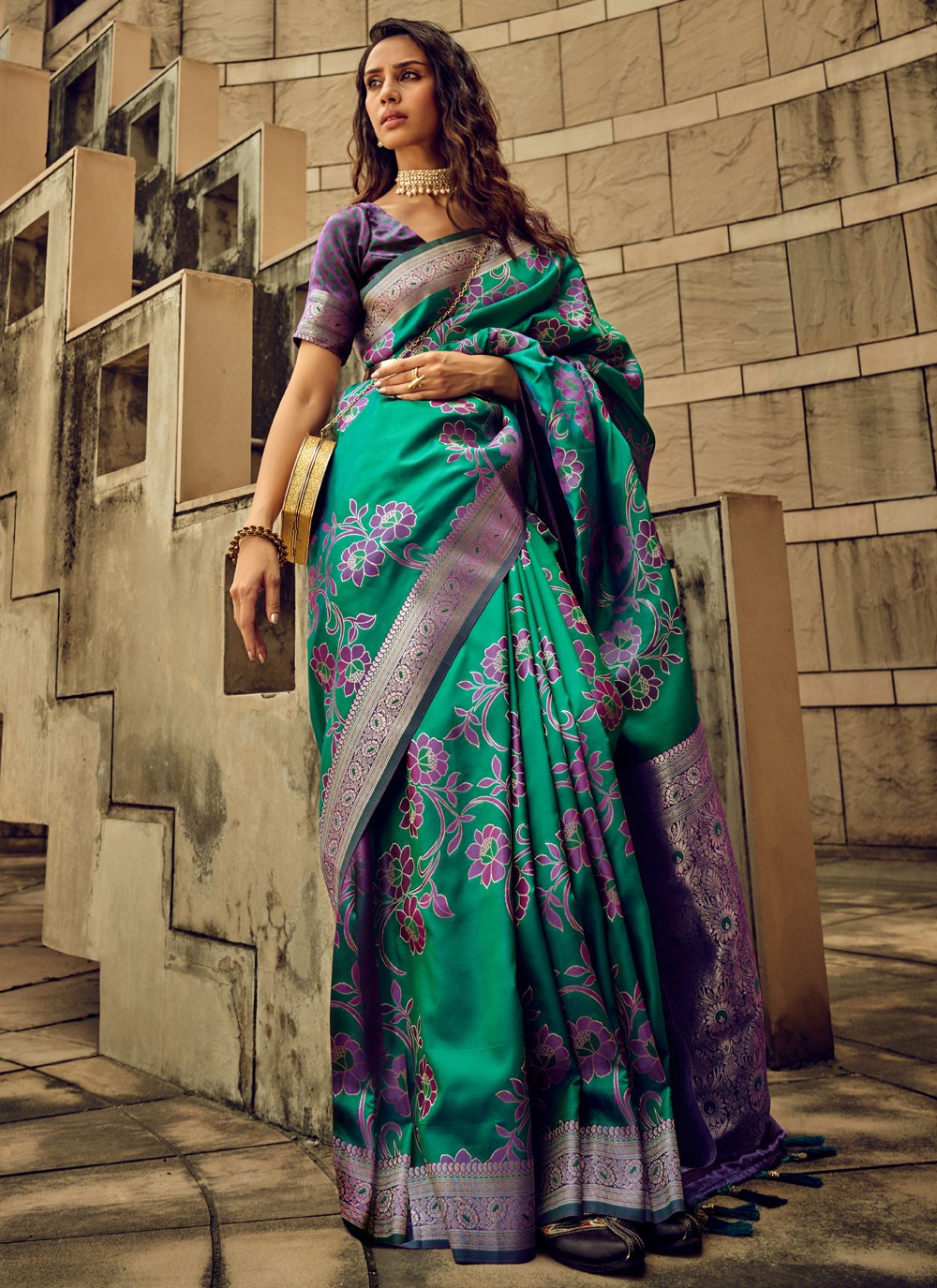 Trendy Digital Print Brasso, Satin Saree - S5589