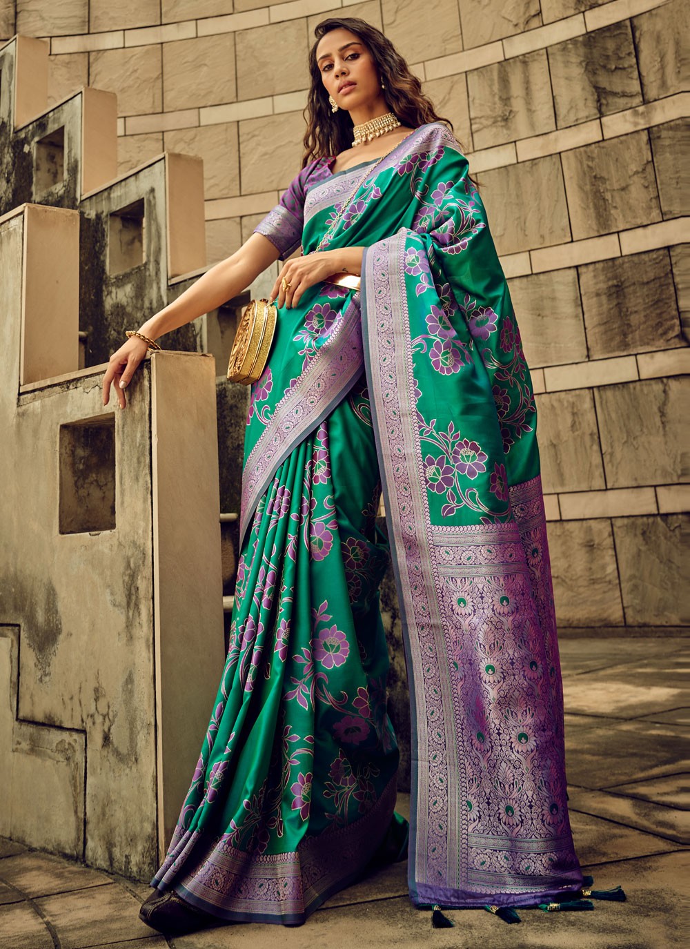 Trendy Digital Print Brasso, Satin Saree - S5589