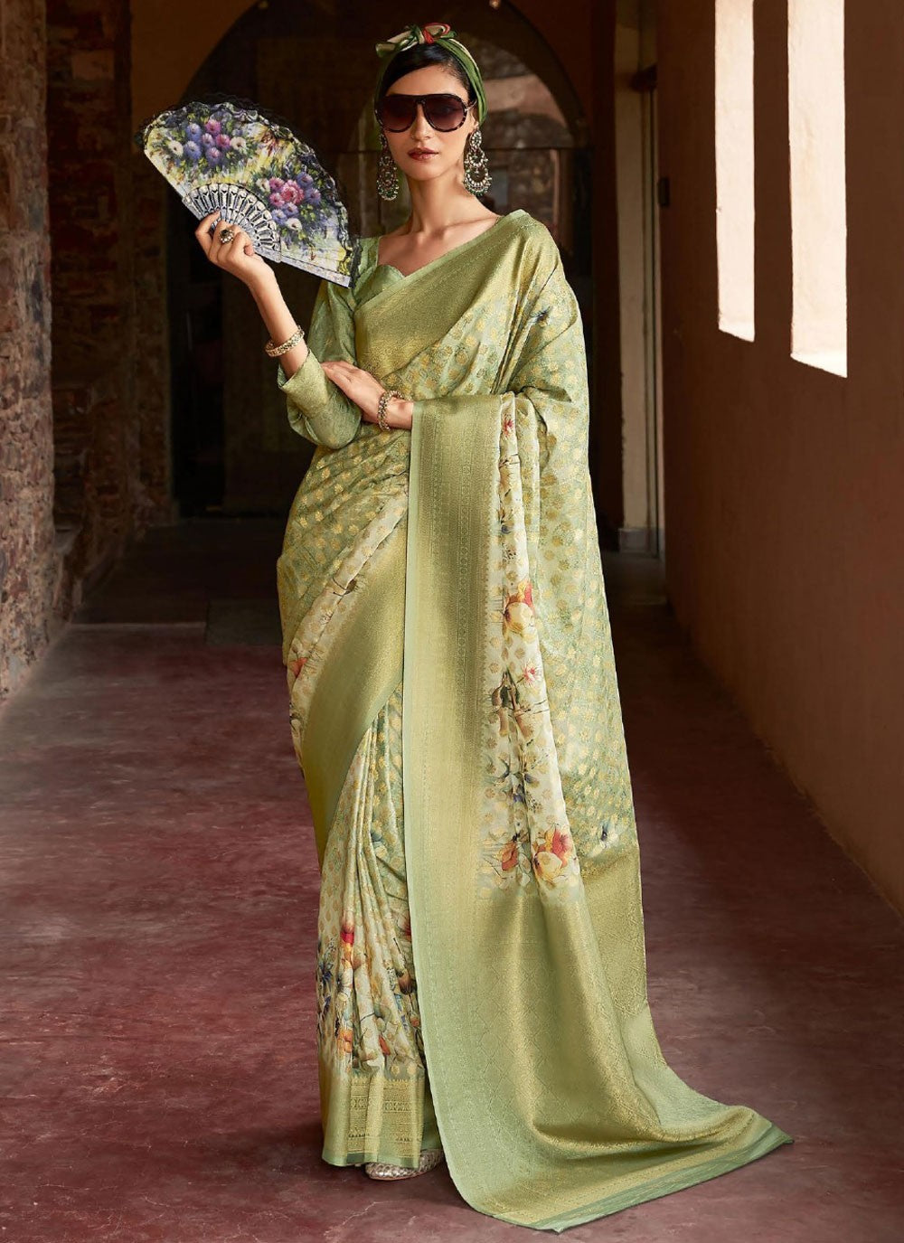 Classic Saree Digital Print Green Tussar Silk Saree S13224