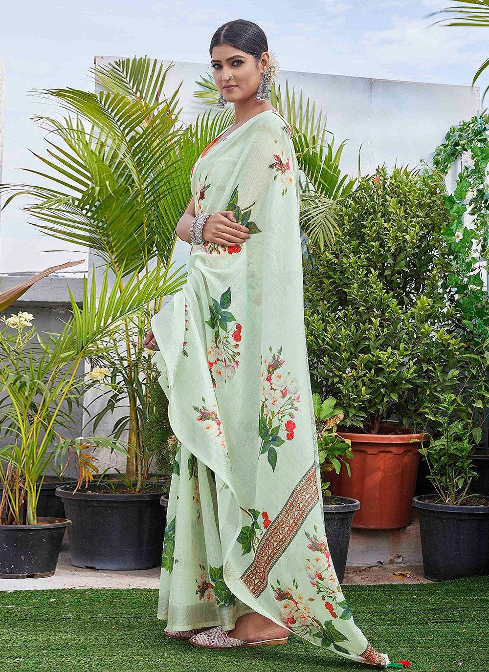 Classic Digital Print Linen Saree - S9004