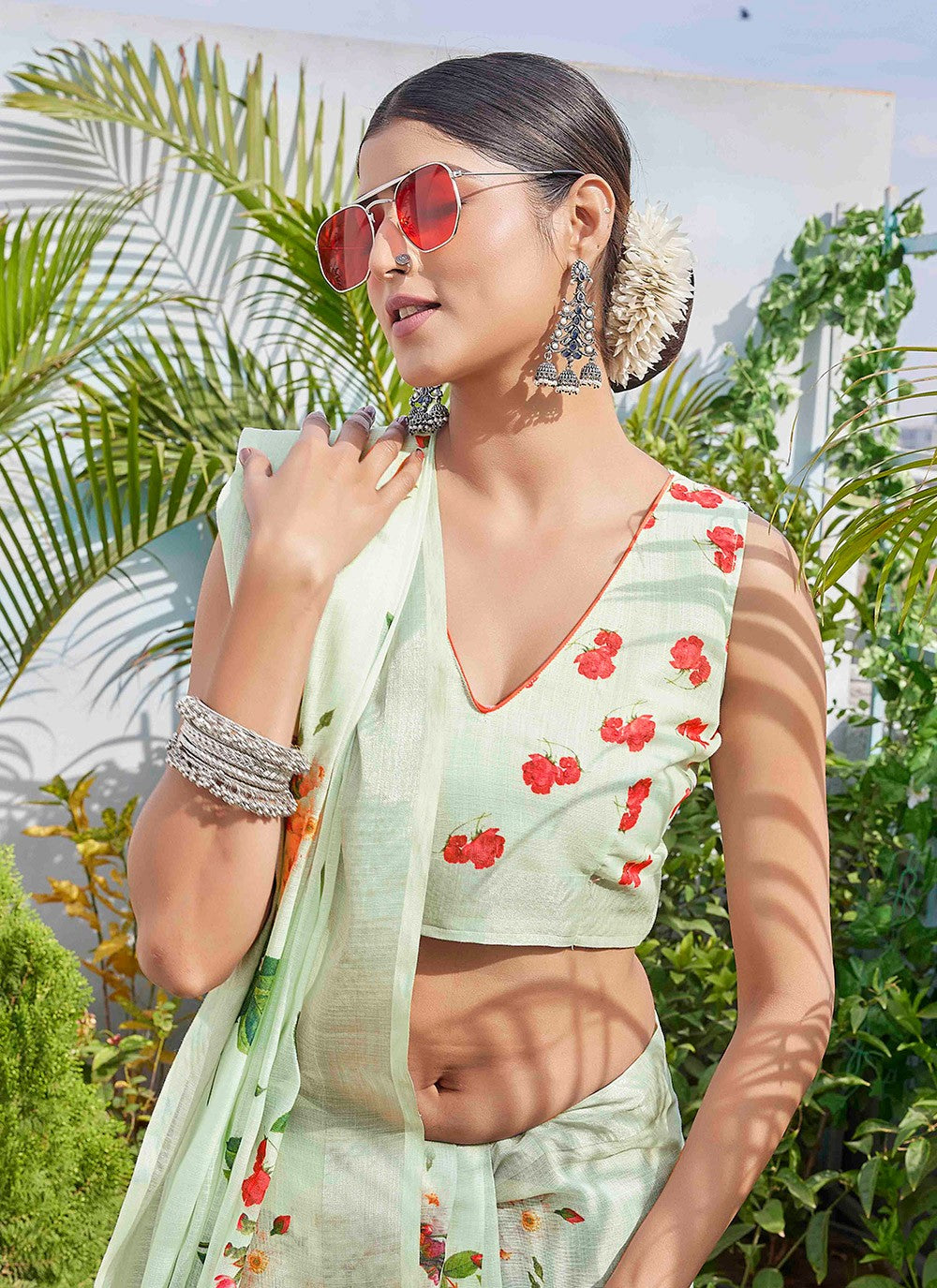 Classic Digital Print Linen Saree - S9004