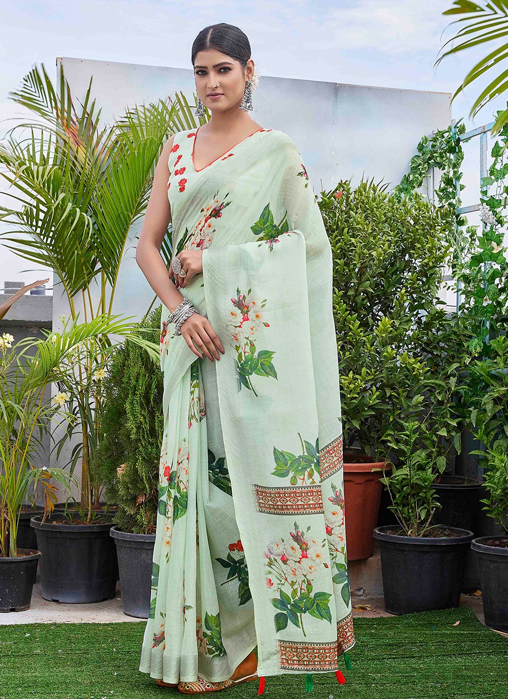 Classic Digital Print Linen Saree - S9004