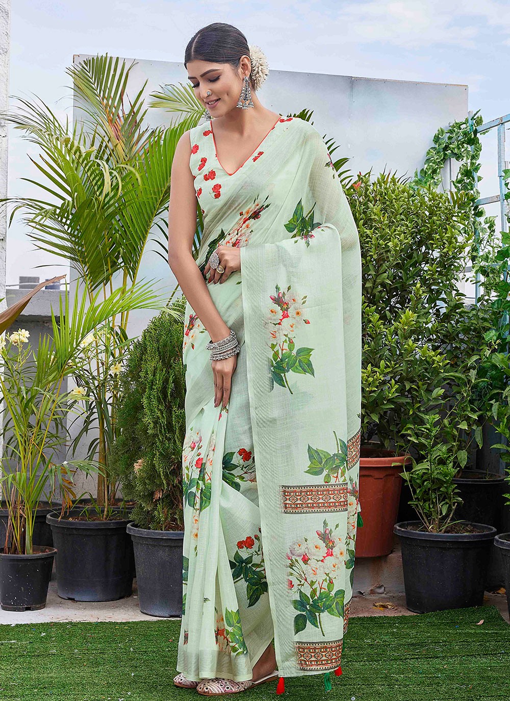 Classic Digital Print Linen Saree - S9004