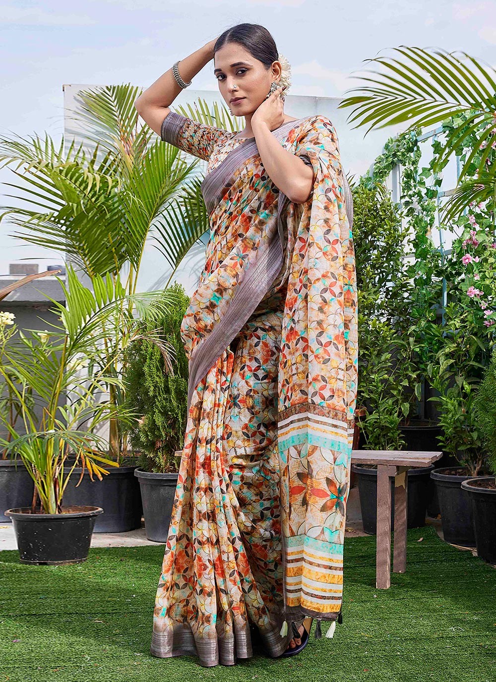 Classic Digital Print Linen Saree - S9004