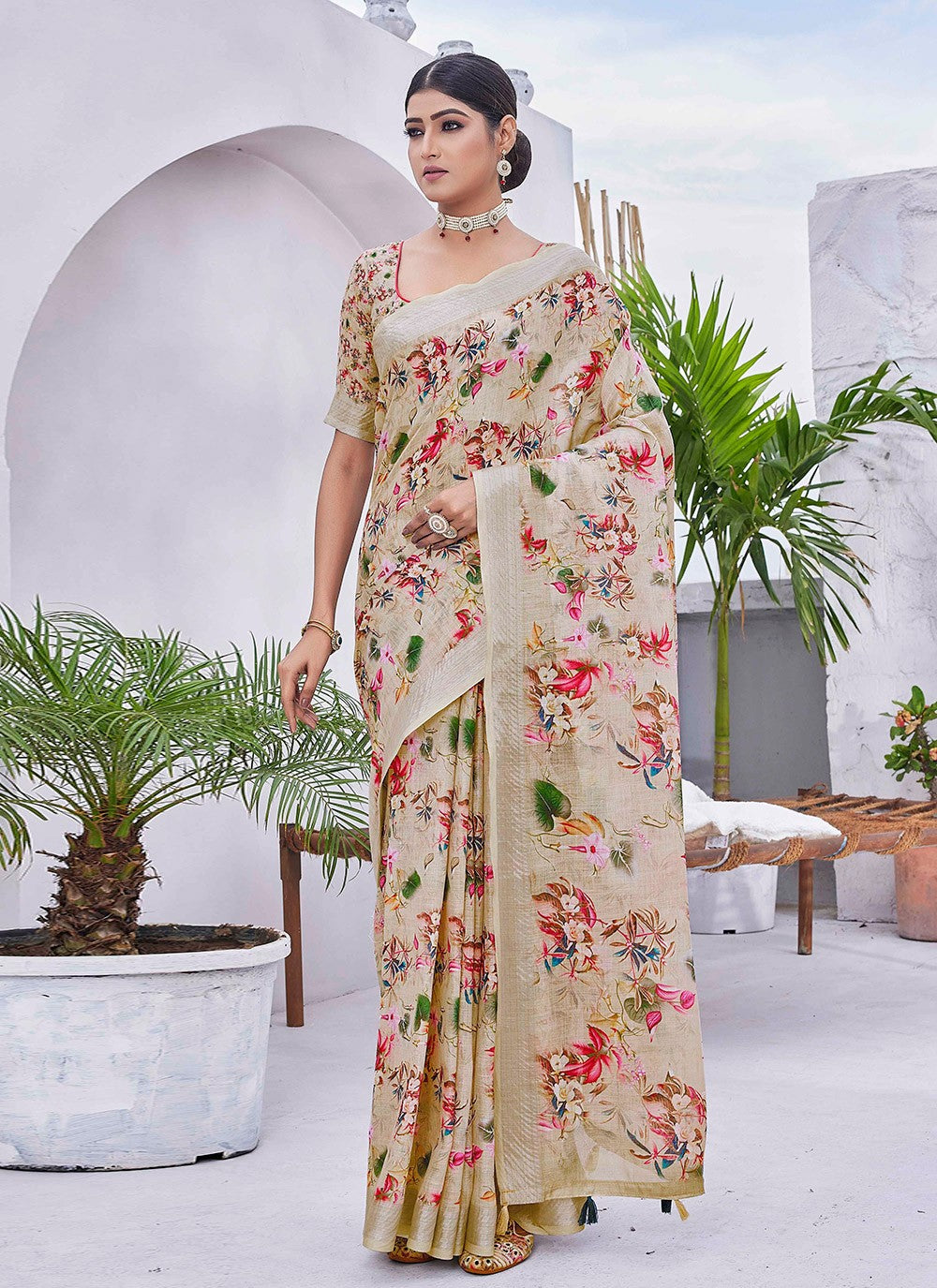Classic Digital Print Linen Saree - S8986