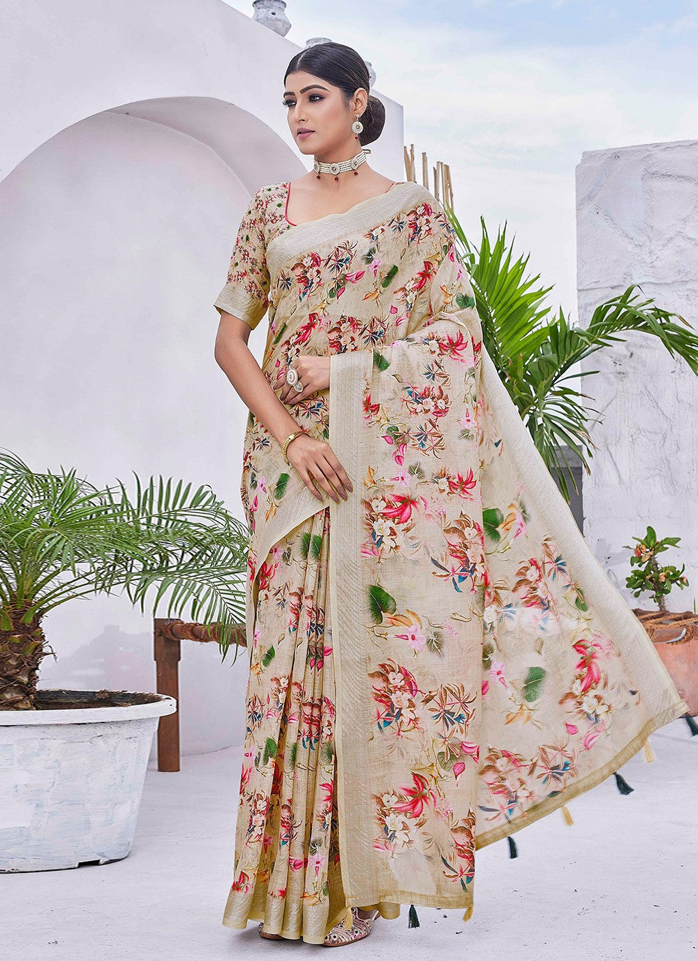 Classic Digital Print Linen Saree - S8986