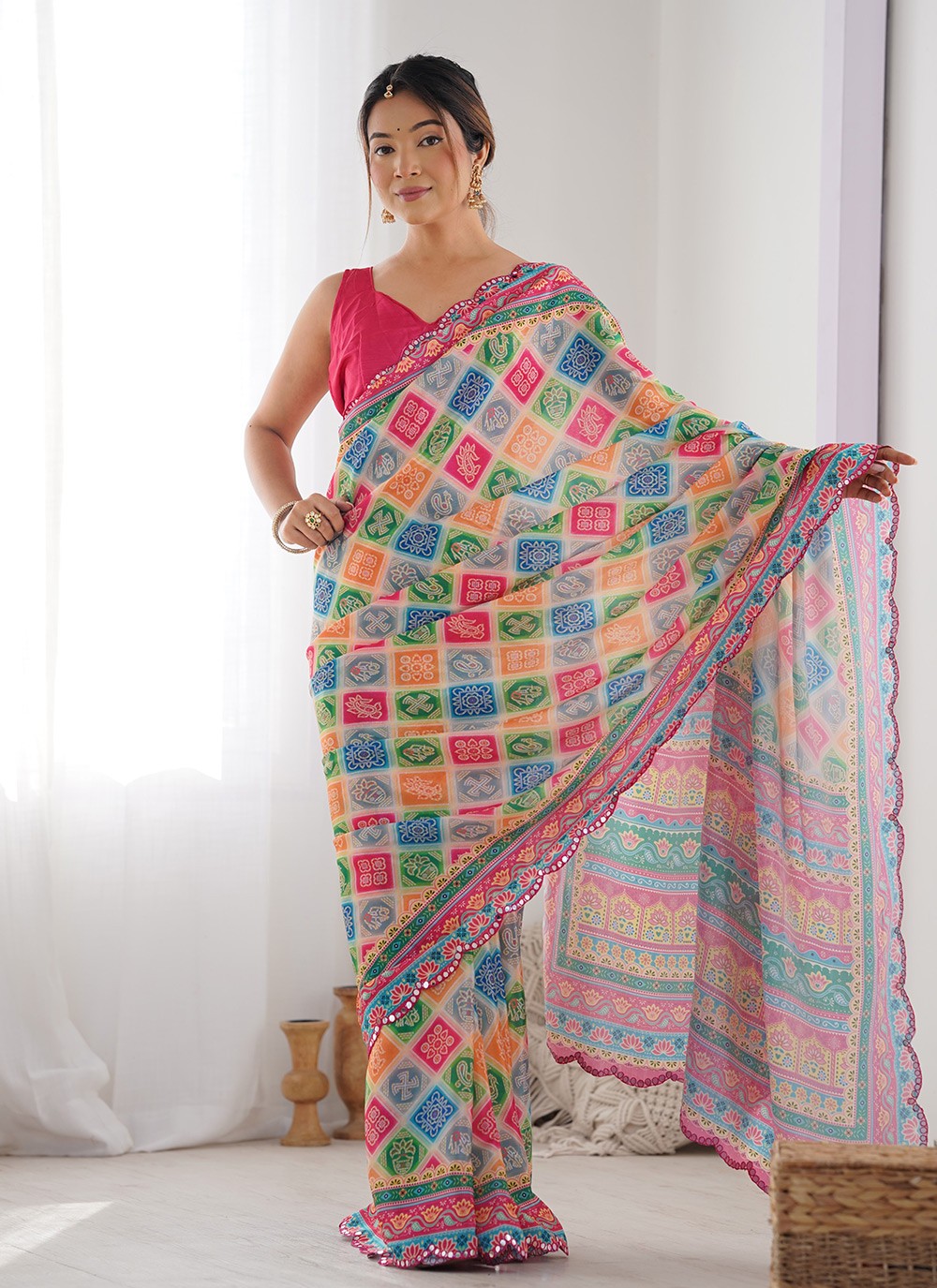 Contemporary Digital Print Multi Colour Chinon Saree S12396