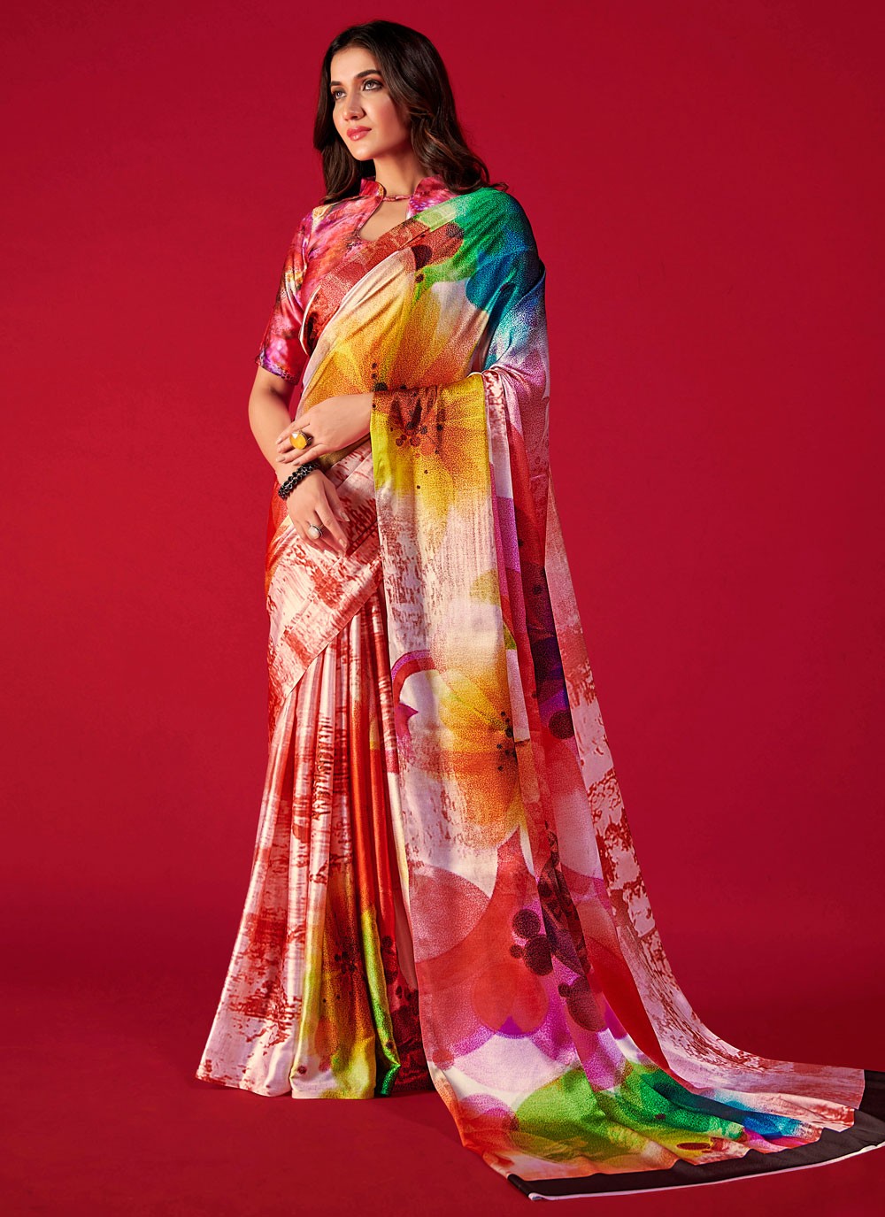 Trendy Digital Print Pure Crepe, Satin Saree - S5666