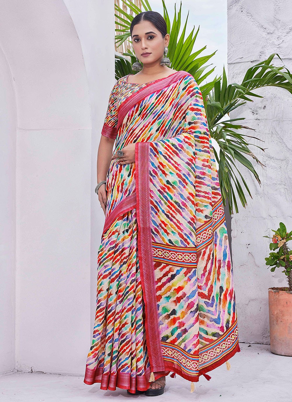 Classic Digital Print Linen Saree - S9004