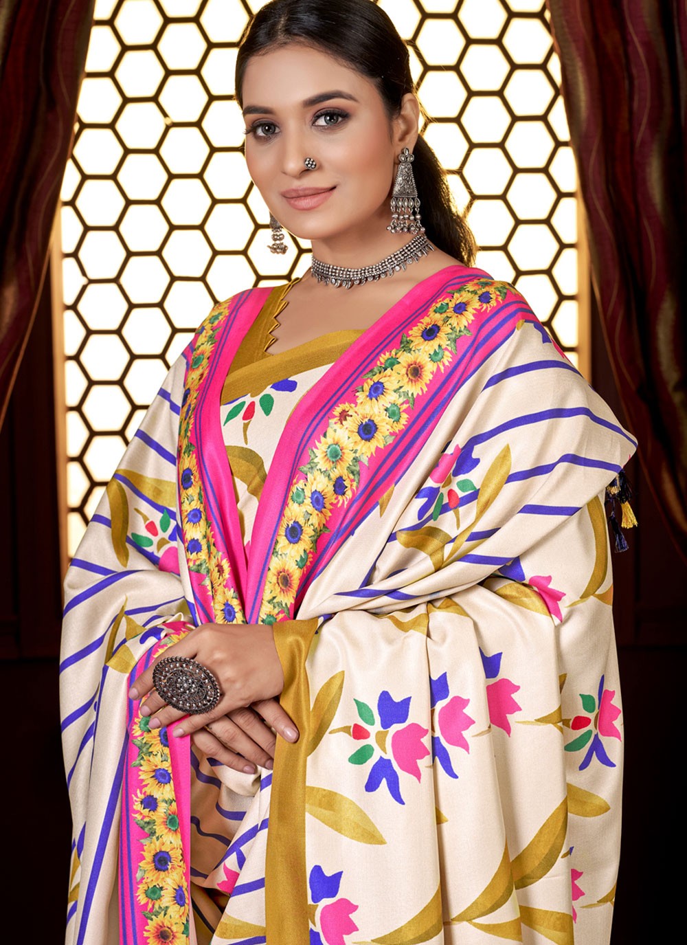 Classic Digital Print Pashmina Saree - S4246