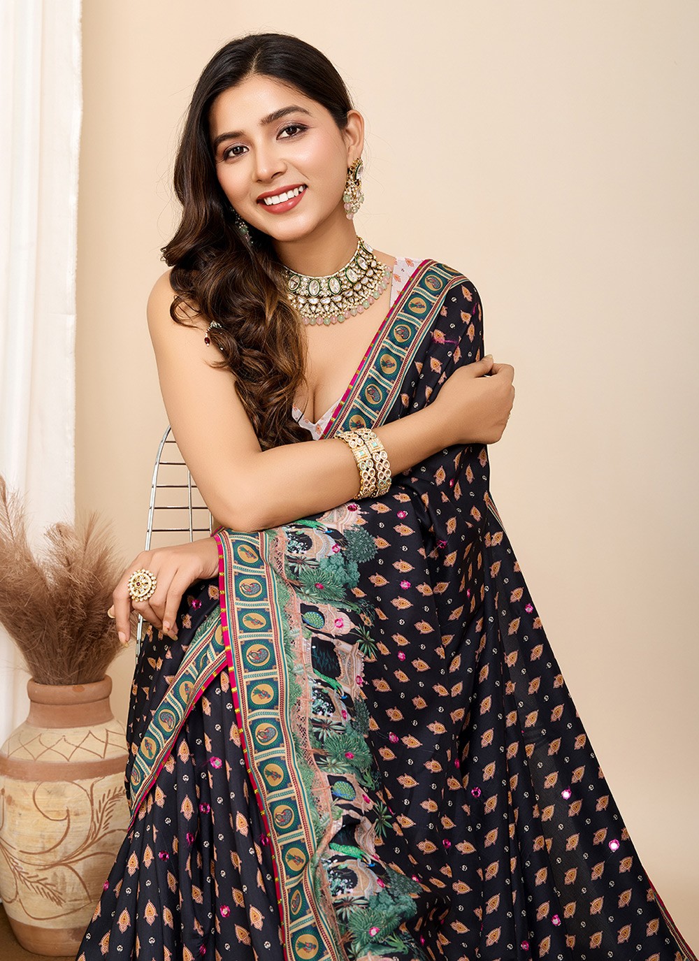Trendy Saree Digital Print Black Cotton Saree S13536