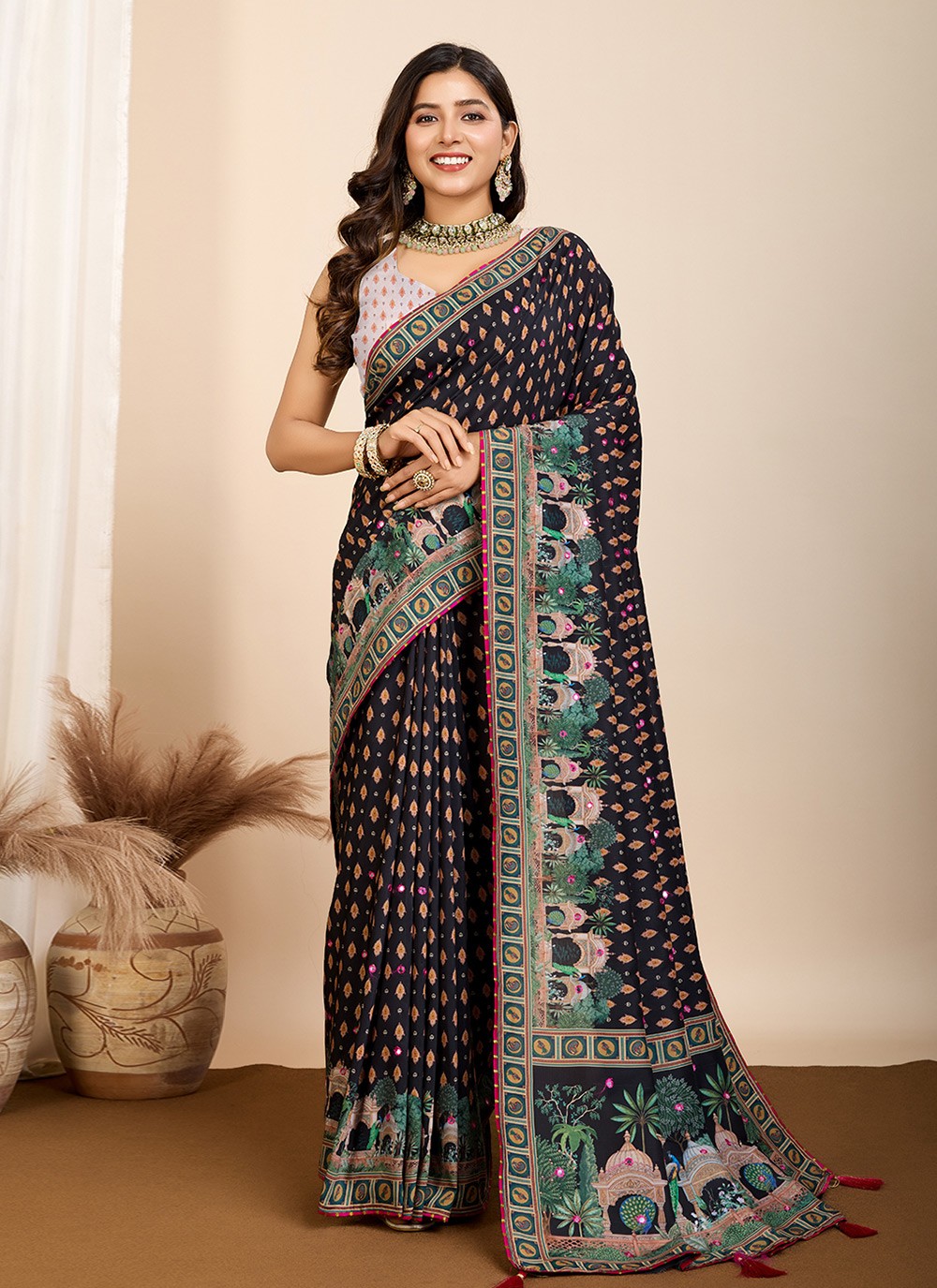 Trendy Saree Digital Print Black Cotton Saree S13536