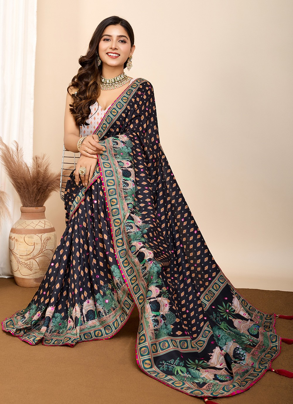 Trendy Saree Digital Print Black Cotton Saree S13536