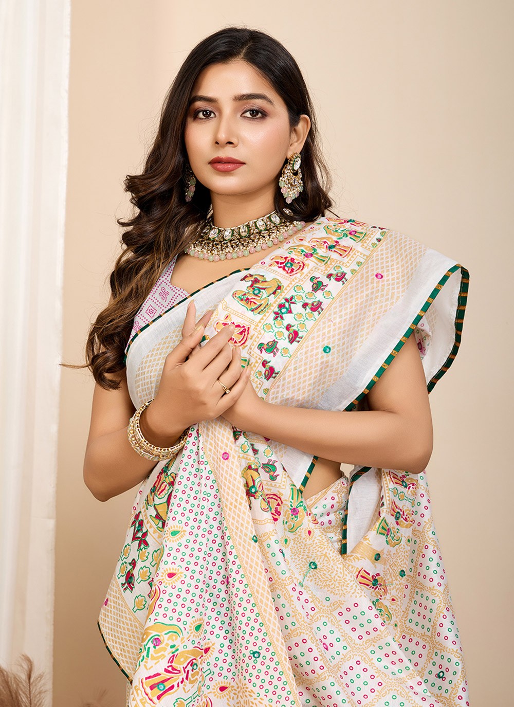 Digital Print Cotton Off White Saree S14163