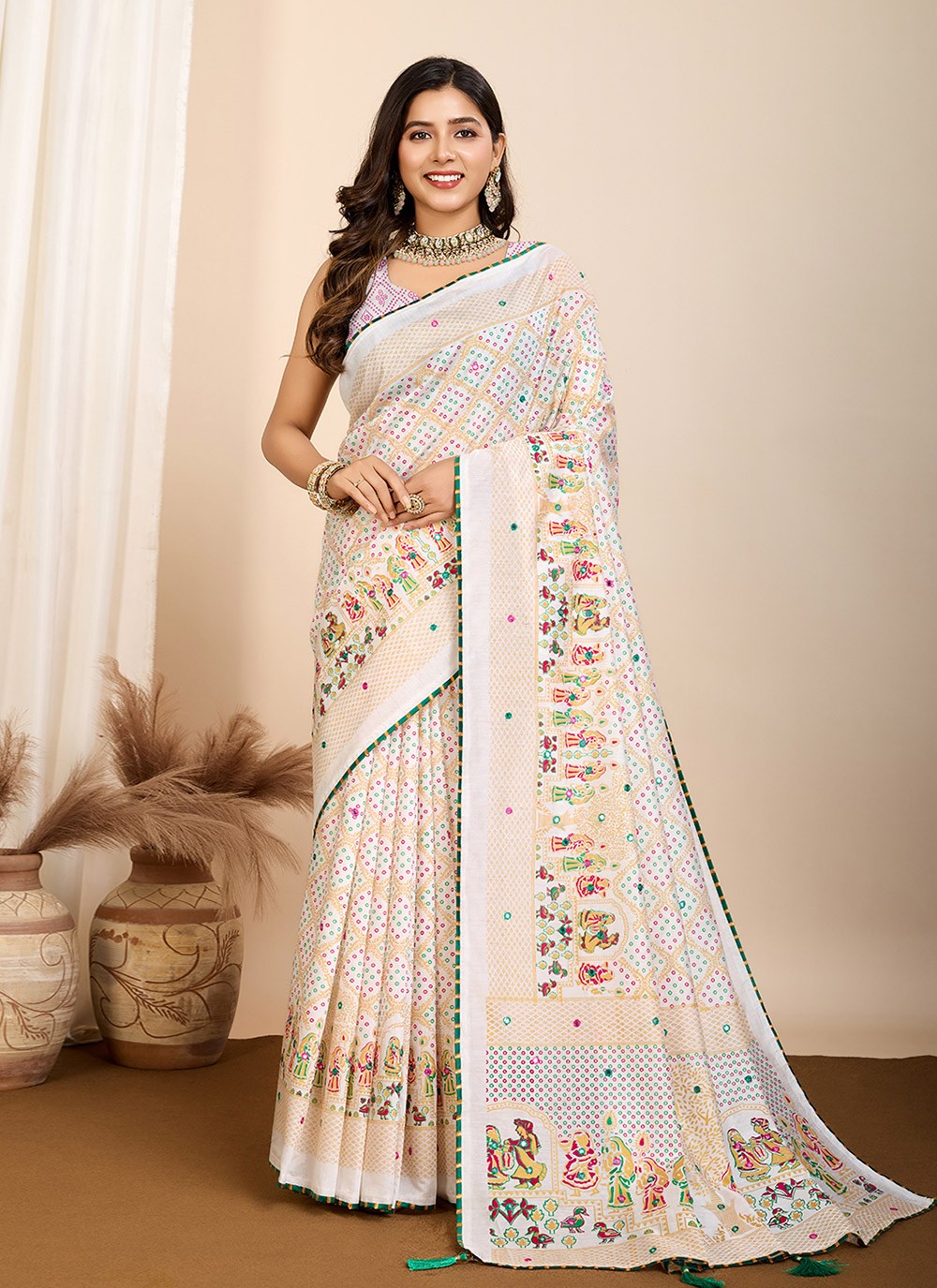 Digital Print Cotton Off White Saree S14163