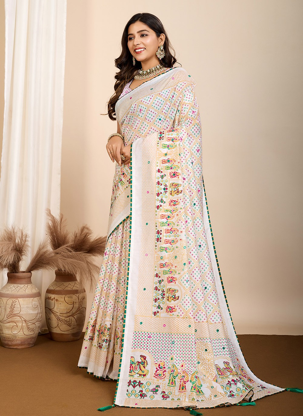 Digital Print Cotton Off White Saree S13927